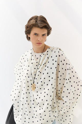 Shawl Collar Polka Dot Patterned Tunic White