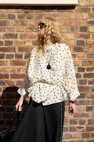 Shawl Collar Polka Dot Patterned Tunic White