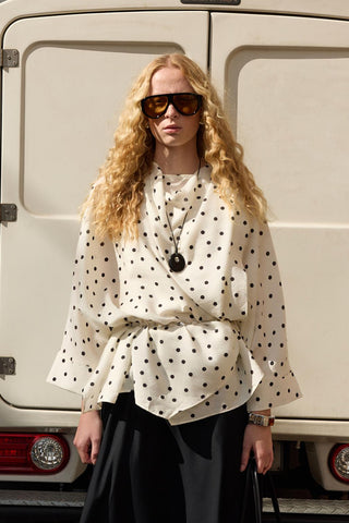 Shawl Collar Polka Dot Patterned Tunic White