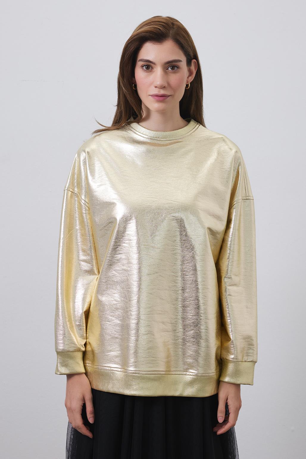 Shiny Coated Ribbed Sweatshirt Gold