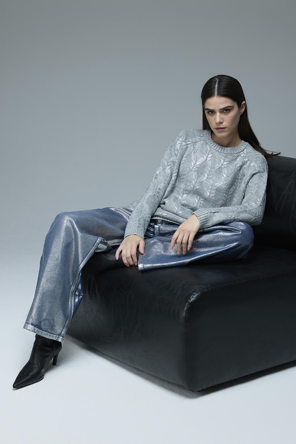 Shiny Print Plated Palazzo Denim Trousers Silver