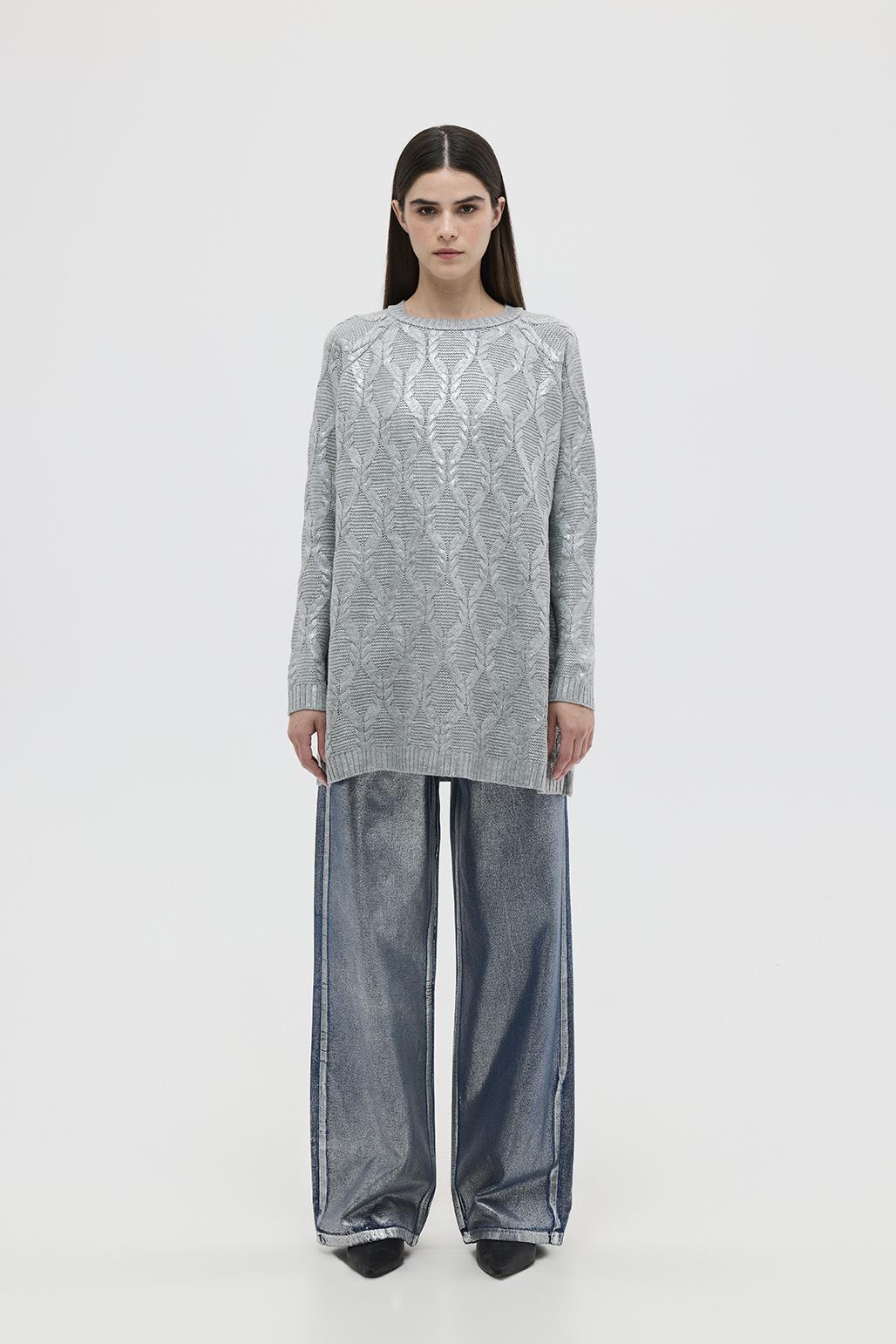 Shiny Print Plated Palazzo Denim Trousers Silver