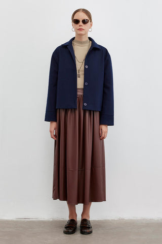 Shirred Soft Leather Skirt Brown