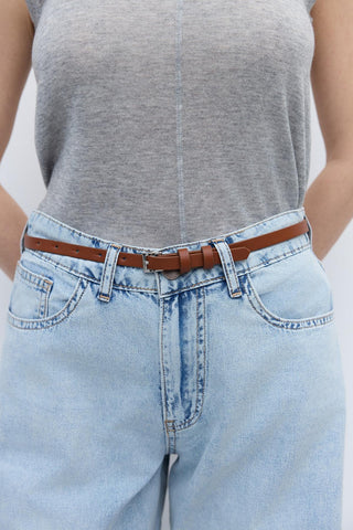 Silver Buckle Adjustable Slim Belt Tan