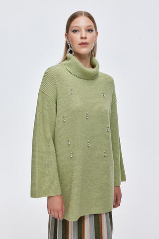 Lurex Stone Embroidered Knit Sweater Green