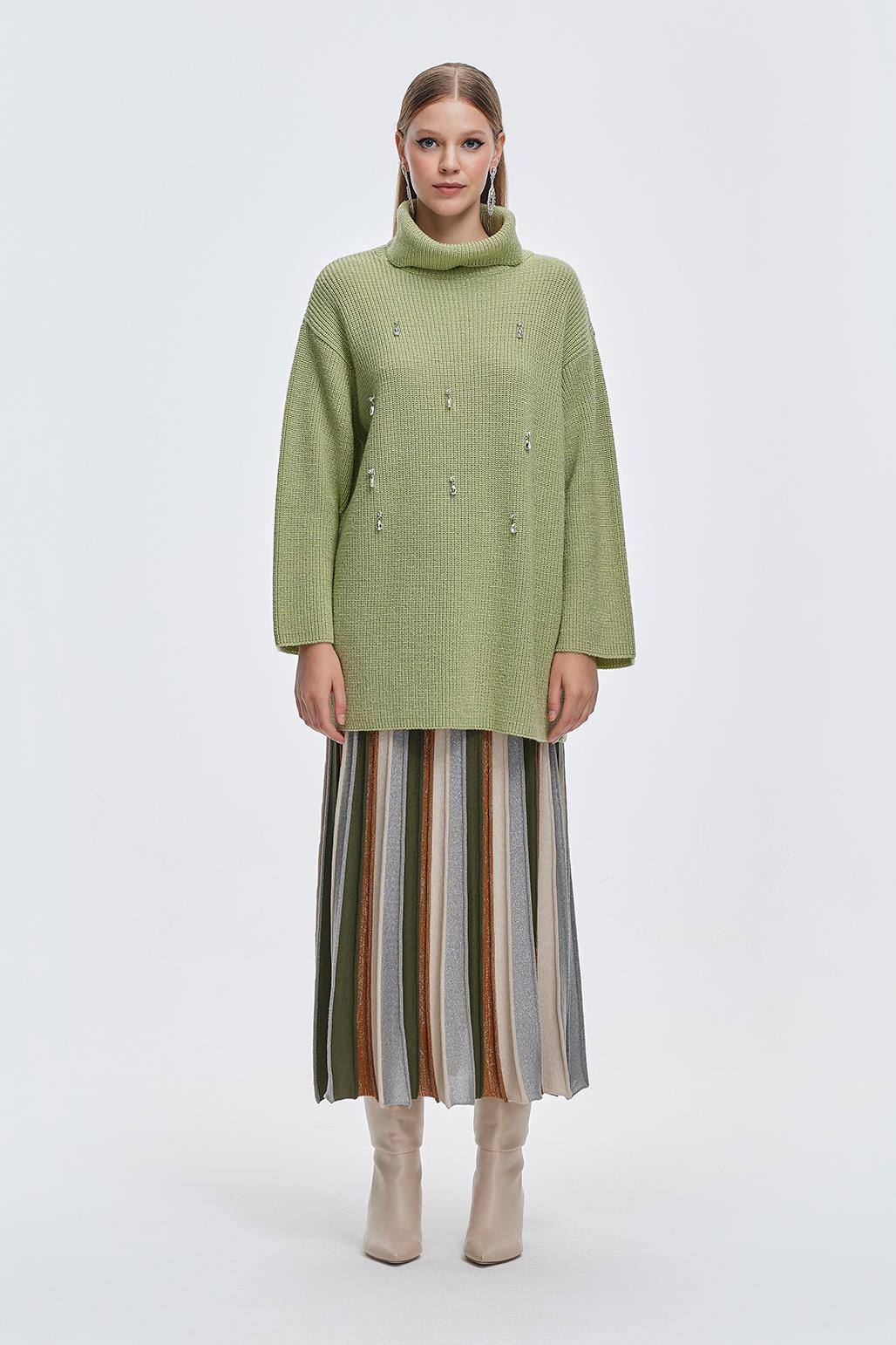 Lurex Stone Embroidered Knit Sweater Green