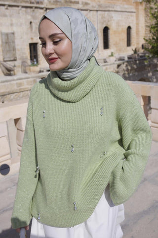 Lurex Stone Embroidered Knit Sweater Green