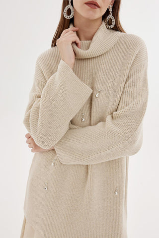 Lurex Stone Embroidered Knit Sweater Bone