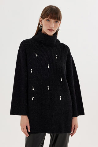 Lurex Stone Embroidered Knit Sweater Black