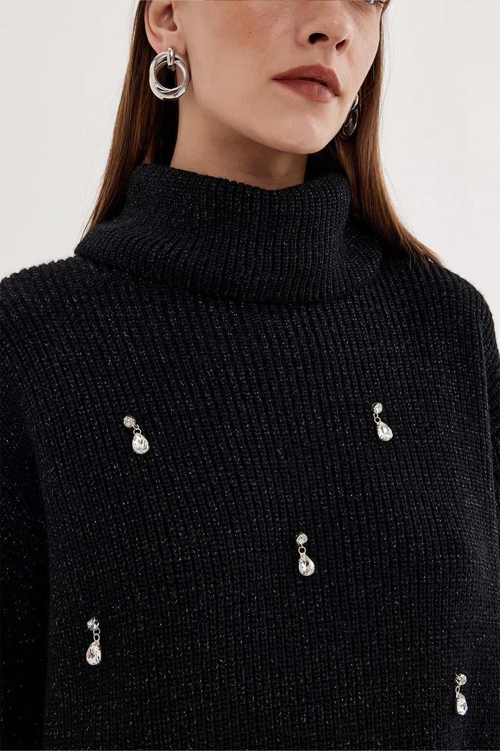 Lurex Stone Embroidered Knit Sweater Black