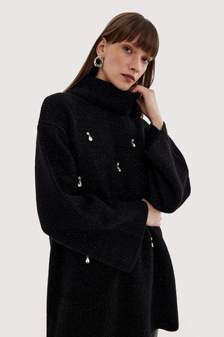 Lurex Stone Embroidered Knit Sweater Black
