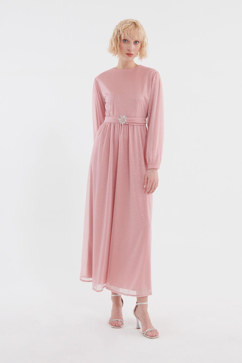Silvery Stone Belted Dress Pink