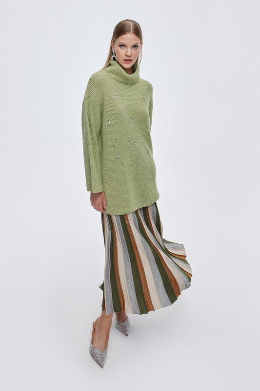 Lurex Pleated Knitted Skirt Khaki Green