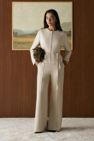 Slim Fit Suede Trousers  with Seam Detail Beige