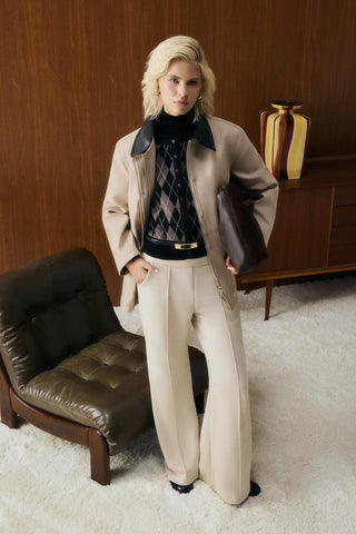 Slim Fit Suede Trousers  with Seam Detail Beige