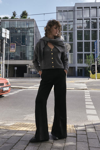 Slim Fit Suede Trousers with Seam Detail Black