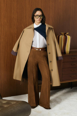 Slim Fit Suede Trousers with Seam Detail Tan