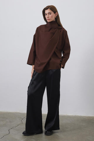 Sofia Poplin Scarf Shirt Chocolate Brown