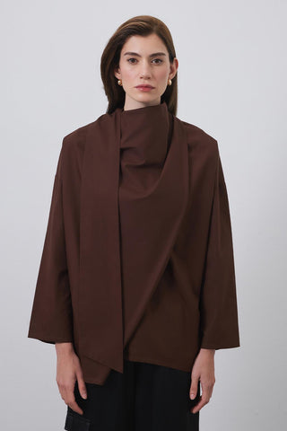 Sofia Poplin Scarf Shirt Chocolate Brown