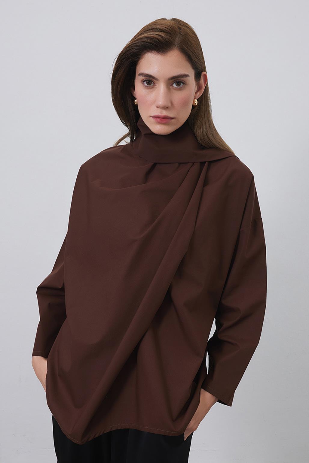 Sofia Poplin Scarf Shirt Chocolate Brown