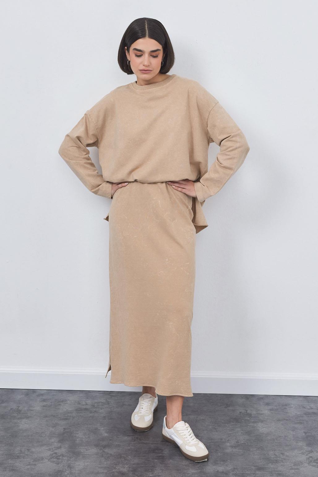 Faded Effect Basic Tunic Pencil Skirt Set Mink