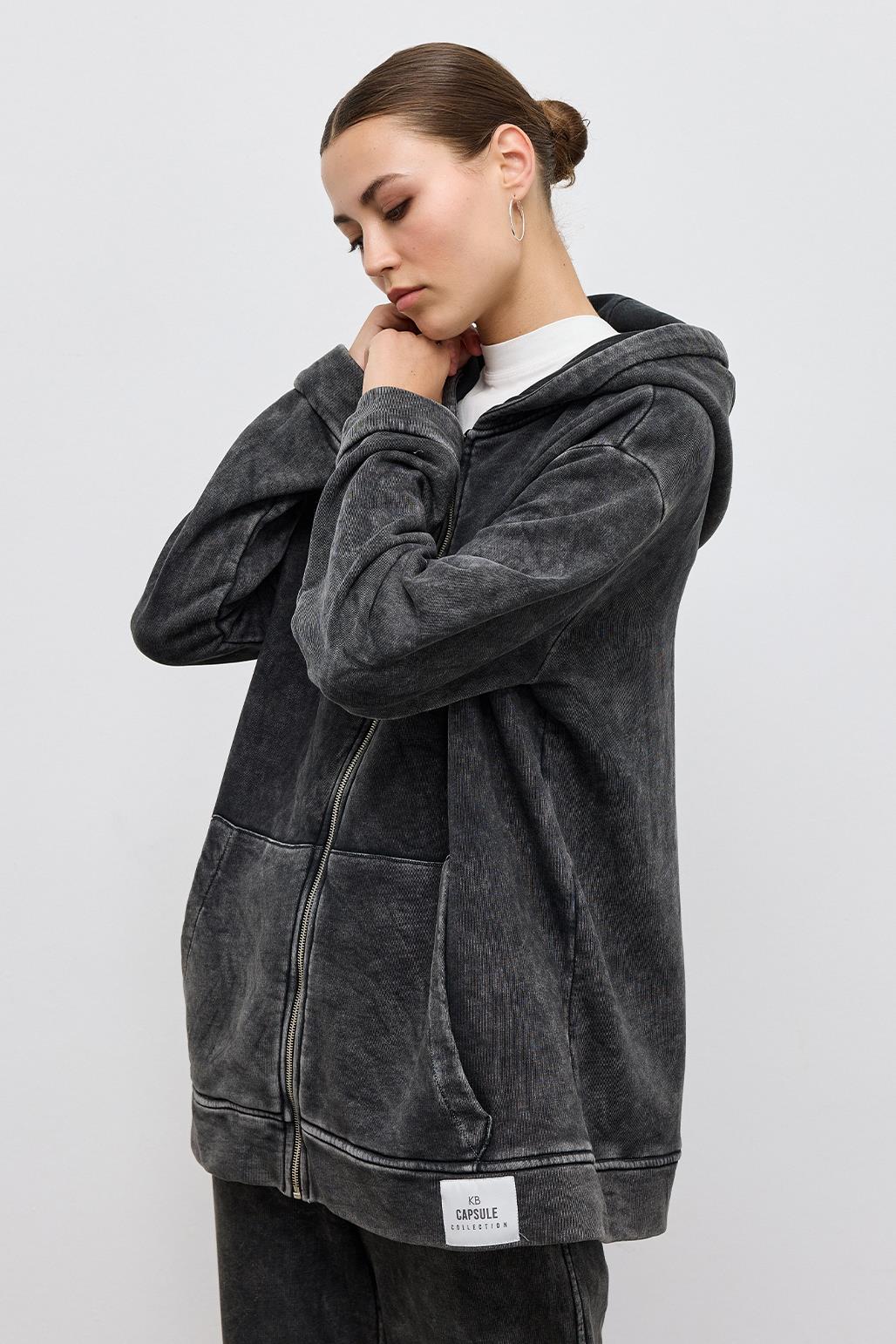 Faded Effect Cardigan with Hood Anthracite