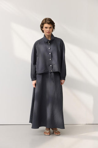 Stand Collar Ruched Cropped Jacket Skirt Set Dark Navy