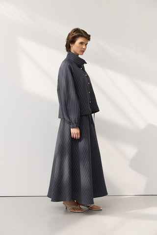 Stand Collar Ruched Cropped Jacket Skirt Set Dark Navy