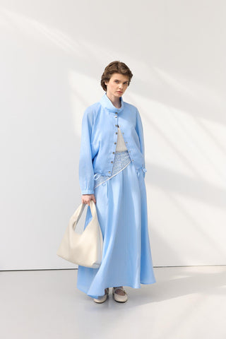 Stand Collar Ruched Cropped Jacket Skirt Set Light Blue