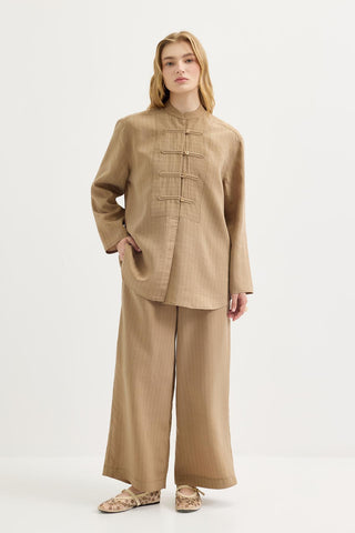 Striped Button-Detail Tencel Shirt & Trousers Set Camel