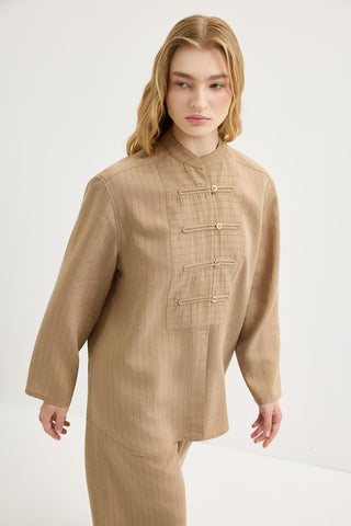 Striped Button-Detail Tencel Shirt & Trousers Set Camel