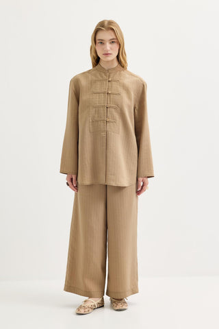 Striped Button-Detail Tencel Shirt & Trousers Set Camel