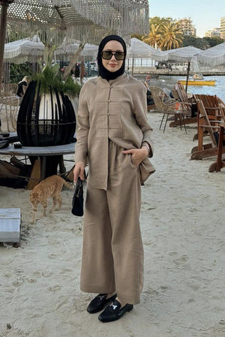Striped Button-Detail Tencel Shirt & Trousers Set Camel