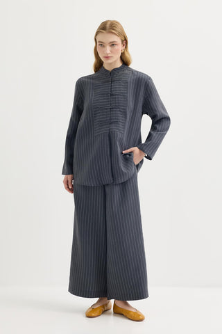 Striped Button-Detail Tencel Shirt & Trousers Set Dark Navy