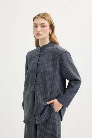 Striped Button-Detail Tencel Shirt & Trousers Set Dark Navy