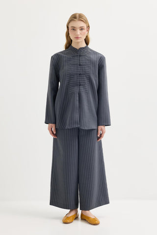 Striped Button-Detail Tencel Shirt & Trousers Set Dark Navy