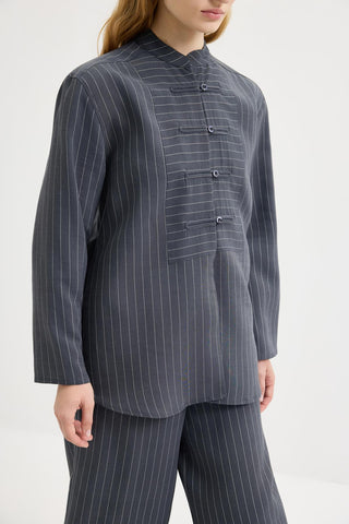 Striped Button-Detail Tencel Shirt & Trousers Set Dark Navy