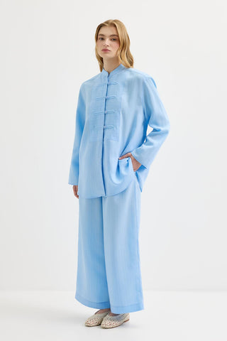 Striped Button-Detail Tencel Shirt & Trousers Set Light Blue