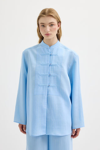 Striped Button-Detail Tencel Shirt & Trousers Set Light Blue