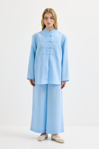 Striped Button-Detail Tencel Shirt & Trousers Set Light Blue