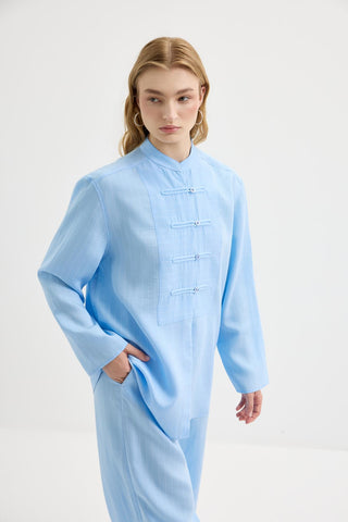 Striped Button-Detail Tencel Shirt & Trousers Set Light Blue