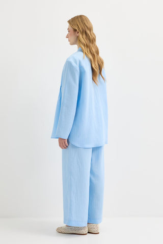 Striped Button-Detail Tencel Shirt & Trousers Set Light Blue