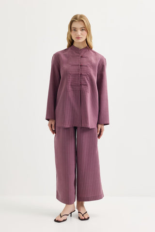 Striped Button-Detail Tencel Shirt & Trousers Set Plum