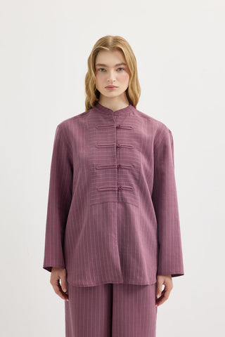 Striped Button-Detail Tencel Shirt & Trousers Set Plum