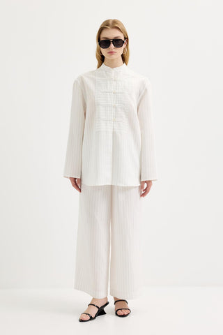 Striped Button-Detail Tencel Shirt & Trousers Set White