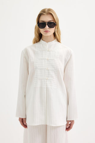 Striped Button-Detail Tencel Shirt & Trousers Set White