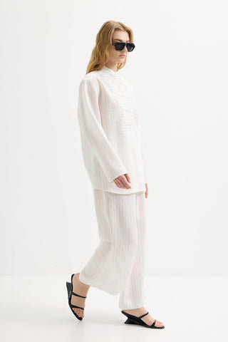 Striped Button-Detail Tencel Shirt & Trousers Set White
