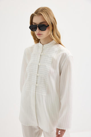Striped Button-Detail Tencel Shirt & Trousers Set White