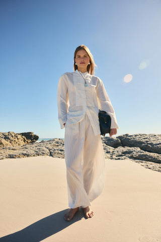 Striped Button-Detail Tencel Shirt & Trousers Set White