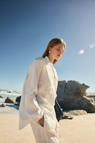 Striped Button-Detail Tencel Shirt & Trousers Set White